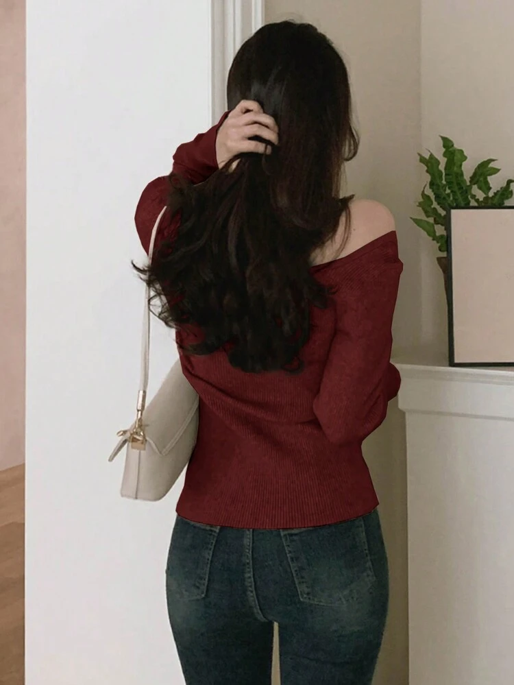 Women's Solid Color Oblique Shoulder Fitted Elegant Sweater, Suitable For Christmas, Autumn/Winter