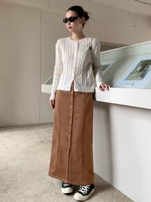 DAZY Women's Solid Color Single-Breasted Casual Thickened Straight Skirt Fall,Winter