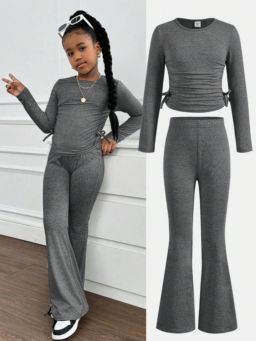 SHEIN 2pcs Tween Girls Casual Crew Neck Ruched Long Sleeve Fitted Knit Top & Flared Pants Set - Dark Grey - View 1