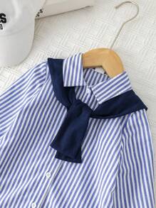 Baby Girl Striped Long Sleeve Dress & Navy Blue Shawl Winter Set - Blue - View 3