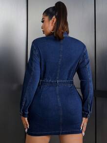 SHEIN ICON 大码前拉链长袖口袋简约休闲短款牛仔连衣裙