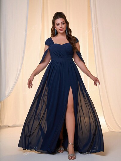 Plus Size Mgiacy Off-Shoulder Strap Pearl Chiffon Ruffle Short Sleeve Front Slit High-End Evening Dress, Elegant Bridesmaid Dress