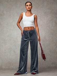 SHEIN BAE Women's Simple Front Tie Straight Leg Casual Pants - Grey - View 5