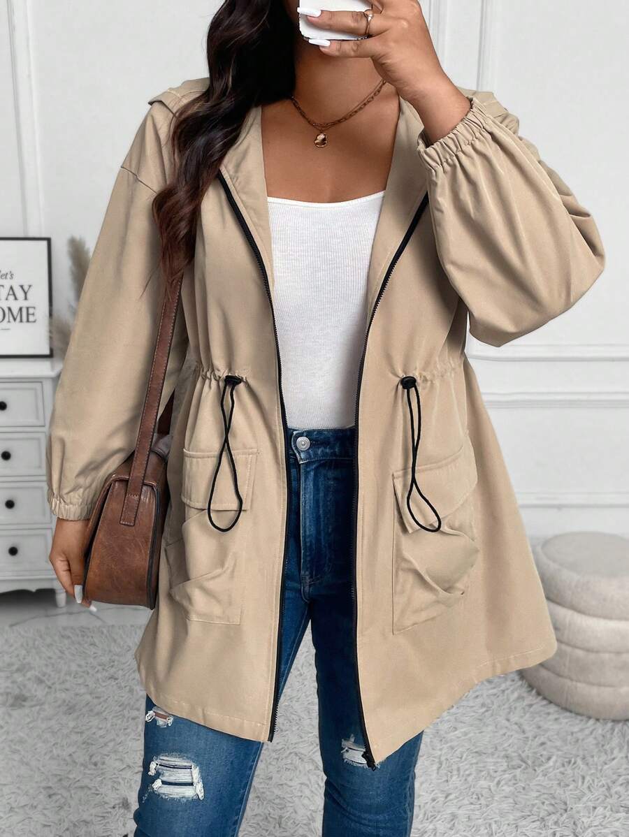 SHEIN LUNE Plus Size Women's Solid Color Drop Shoulder Long Sleeve Drawstring Waist Hooded Casual Jacket, Spring Autumn Winter Fall - Khaki - View 1