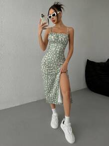 SHEIN EZwear Vestido de vacaciones para mujer con estampado floral, punto, escote lencero y bajo con abertura
