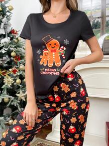 Gingerbread Man Cartoon Christmas Print Women Pajama Set - Black - View 4