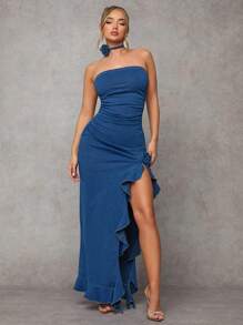 SHEIN BAE 女士夏季时尚荷叶边高开叉露肩牛仔连衣裙、感恩节女装、性感女装、海滩女装、性感女装、希腊女神服装、优雅女装、皇家蓝女装、仙女服装连衣裙、性感派对连衣裙 - 中等水洗藍 - 查看 3