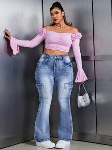 SHEIN ICON Plus Size Women's Cargo Pocket Flare Casual Versatile Jeans - Blue - View 5