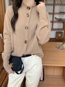 SHEIN LUNE New Loose Knitted Cardigan Stand Collar Short Outerwear Versatile Sweater - Khaki - View 6