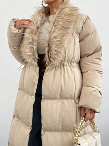 EURMUSE Women's Long Winter Jacket With Padding Details And Fox Scarf, Elegant And Make You Warm In Winter - Beige - View 6