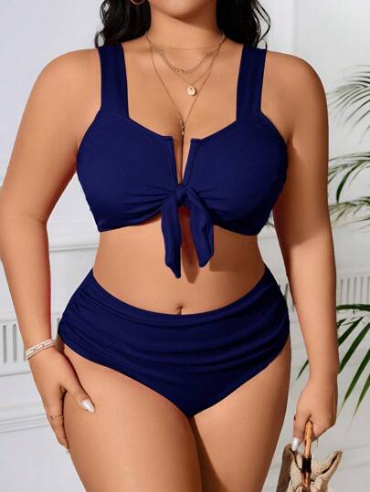 SHEIN Swim Curve Conjunto de bikini para mujer de talla grande en unicolor, de moda, simple, para verano y vacaciones en la playa