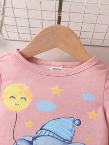 2pcs Baby Girls Cute Elephant Glow In Dark Snug Fit Long Sleeve Top And Pants Sleepwear Set - Multicolor - View 6
