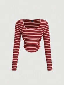 SHEIN MOD Áo thun nữ ngắn tay, viền tam giác, cổ gập, sọc đỏ trắng - Đỏ và trắng - Xem 1