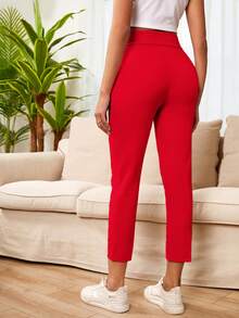 RueChic Solid High Waisted Cropped Suit Trousers - Red - View 2