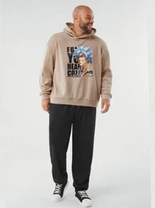 Manfinity NXTstreet Plus Size Men's Loose Fit Cartoon Character & Letter Printed Hoodie Sweatshirt