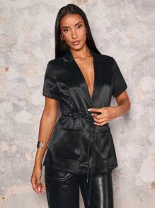 Glamine Blazer court à manches courtes à deux poches avec nœud à la taille, simple pour femmes