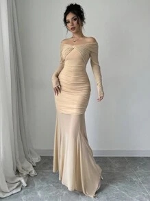 Firerie 女士优雅露肩网眼扭纹荷叶边腰连衣裙，秋季 - 杏色 - 查看 4