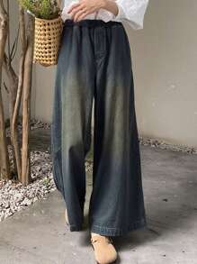 FRIFUL Quần jean ống rộng cạp cao dáng rộng cho nữ, quần jean rộng thùng thình, quần áo trở lại trường - Màu xanh lam - Xem 6