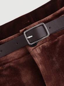 SHEIN MOD 大码复古时尚高腰褶皱天鹅绒阔腿裤，秋冬 - 棕色 - 查看 3