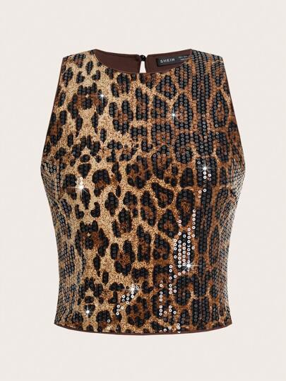 Auralis 大码女装春夏时尚休闲舒适亮片棕色豹纹上衣，曲线身材，Y2K风格，新年夜，化装舞会，圣诞派对，夏季上衣，假日，外出上衣，亮片上衣，闪亮服饰