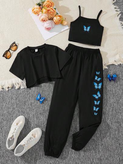 3 piezas Conjunto informal para niñas preadolescentes con Top de camisola con estampado de mariposas + pantalones de cintura elástica + Top de manga corta de color liso
