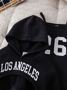 SHEIN 2 piezas Conjunto de sudadera con capucha corta con estampado de letras negras lindas y vestido camisero para niñas bebés, otoño/invierno