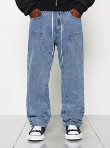 SUMWON 直筒版型固定腰带木匠牛仔裤，配有拉绳 - 藍色 - 查看 4