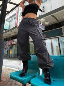 Flirla Plus Size Women's Drawstring Waist Baggy Black Cargo Pants - Grey - View 7