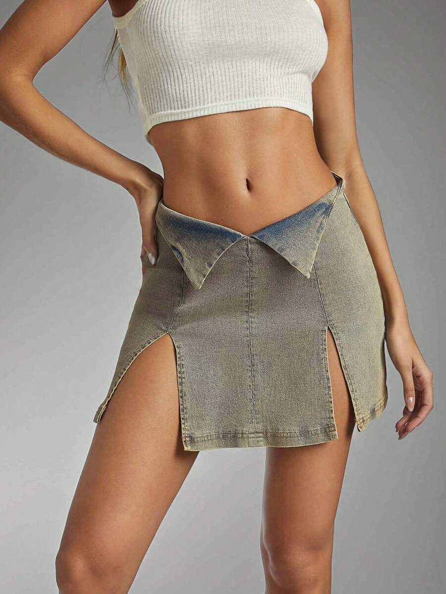 Denimoi Distressed Denim Mini Skirt With Inverted V Waist And Front Slits - Light Wash - View 1
