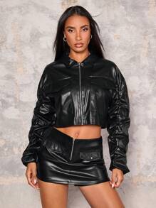 Glamine Women's Dropped Shoulder Long Sleeve Ruched PU Leather Biker Jacket, Spring Autumn - Black - View 6