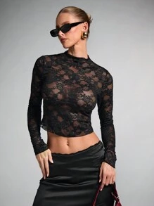 SHEIN BAE Women's Black Lace Glitter Decor Sheer See-Through Long Sleeve Tight Blouse For Dates, Halloween, Party, Clubbing