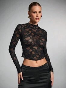 SHEIN BAE Women's Black Lace Glitter Decor Sheer See-Through Long Sleeve Tight Blouse For Dates, Halloween, Party, Clubbing