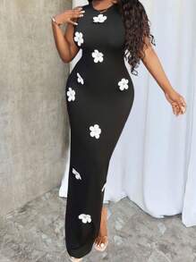 Slaydiva Đầm ôm sát hở lưng họa tiết hoa trắng mùa hè thanh lịch cho kỳ nghỉ bãi biển - màu đen - Xem 3