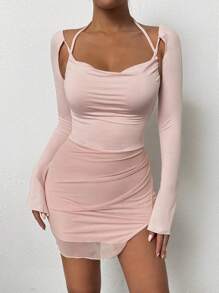 SHEIN Unity Halter Tie Open Slit Sexy Mini Dress ,Pink Mini Dress,Bodycon Dress,Pink Long Sleeve Dress - Baby Pink - View 5