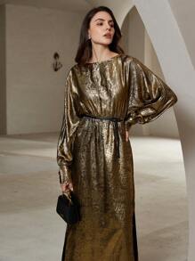 Chiquease Vestido largo con mangas tipo murciélago que ceñe la cintura, de tela y metal elegante y de lujo - Dorado - Ver 3