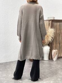 Chiquease 女式灯笼袖罗纹针织开衫，带口袋 - 卡其色 - 查看 2