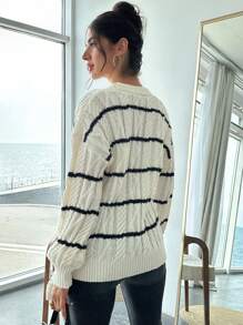 SHEIN Privé 女士休闲拼色条纹开衫，秋冬 - 白色 - 查看 2