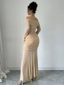 Firerie 女士优雅露肩网眼扭纹荷叶边腰连衣裙，秋季 - 杏色 - 查看 2