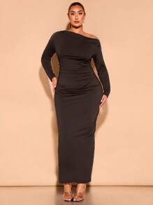 SHEIN BAE Plus Size Autumn Black Asymmetric One-Shoulder Gathered Long-Sleeved Elegant And Sexy Long Dress Suitable For Daily Outings, Dates And Commuting Fall Women Clothes