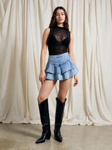 AiiRZ Minifalda de mezclilla con volantes escalonados y dobladillo - Azul - Ver 2