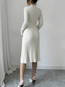 Selianne Elegant Minimalist Solid Color Stand Collar Fitted Sweater Dress, Autumn Fall Winter Cloth For Women - Apricot - View 2