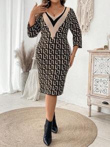 Flirla Plus Size Women Geometric Pattern V-Neck 3/4 Sleeve Fitted Elegant Knit Sweater Dress For Fall & Winter - Multicolor - View 3