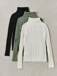 SHEIN LUNE 3pcs/Set Turtleneck Ribbed Fashionable All-Match Pullover Sweaters For Women, Autumn/Winter - Green - View 2