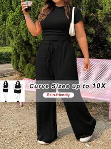 SHEIN CURVE+ 2pcs Plus Size Textured Knit T-Shirt And Drawstring Waist Pants Set, Casual - Black - View 6