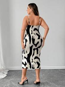 Elenzga Plus Size Women Geometric Print Front Tie Side Slit Hem Cami Dress, Summer - Apricot - View 2