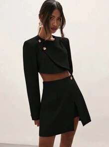 COSMINA Conjunto de 2 piezas para mujer: Top corto con botones de un solo color y minifalda