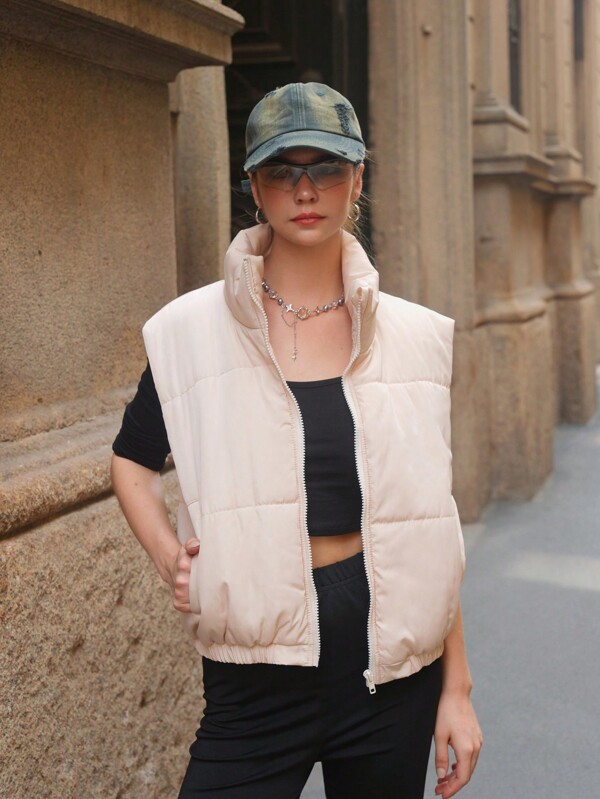SHEIN Jachetă puf trunchiată la modă pentru fete adolescente, cu guler și fermoar, toamnă