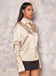 Glamine Women's Elegant Long Sleeve Solid Color Satin Blouse Fall Cloth For Women - Champagne - View 6