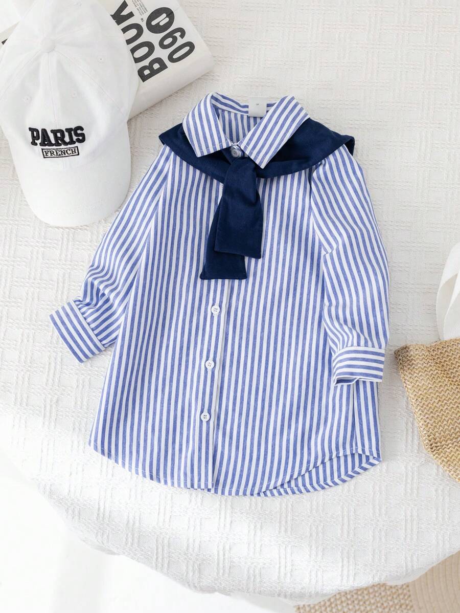 Baby Girl Striped Long Sleeve Dress & Navy Blue Shawl Winter Set - Blue - View 1