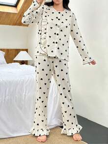 2 件套心形印花长袖上衣和长裤睡衣带荷叶边 - 杏色 - 查看 4